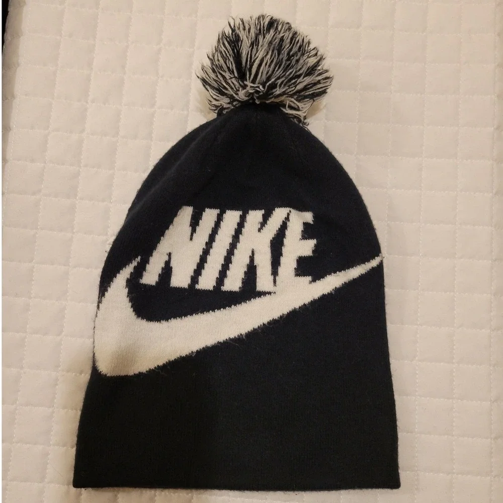 Nike Kids' Black White Pom Pom Foldover Beanie Cozy Hat Wintertime Snow Cold Fun